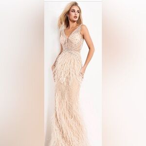 Jovani Beaded 03023 Cream Feathered Prom Dress Size 16 best for a large